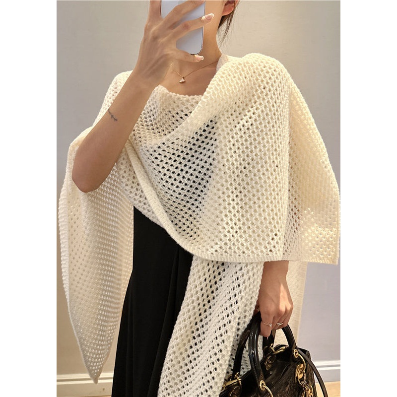 Simple Beige Hollow Out Sold Knit Cape Winter