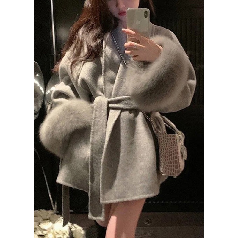 Style Grey Peter Pan Collar Faux Fur Patchwork  Woolen Coat Winter