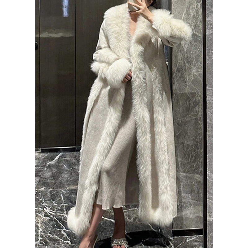 Style White Fox Collar Patchwork Pockets Leather And Fur Long Coats Winter