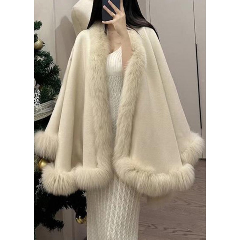 Stylish Beige Fox Collar Patchwork Woolen Coats Winter