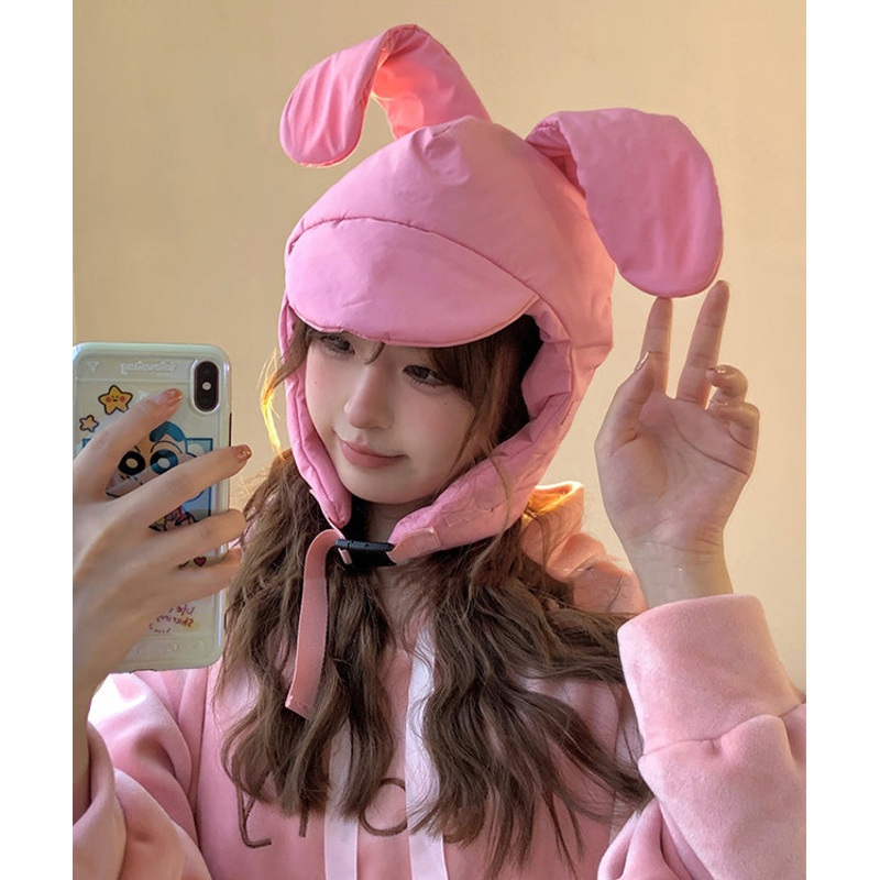 Stylish Pink Rabbit Ear Protector Fine Cotton Filled Bonnie Hat