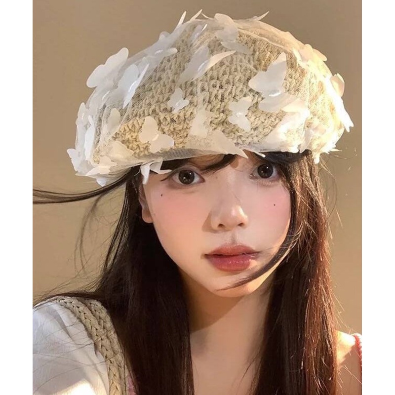 Stylish White Butterfly Tulle Straw Woven Beret Hat