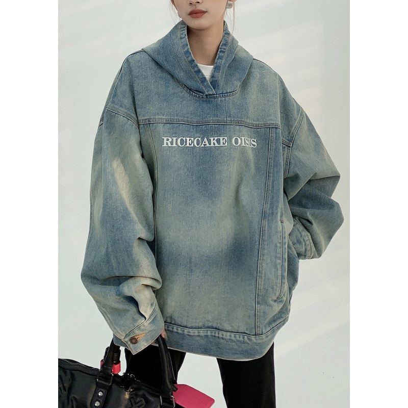 Vintage Denim Blue Patchwork Embroidered Hooded Coat Spring