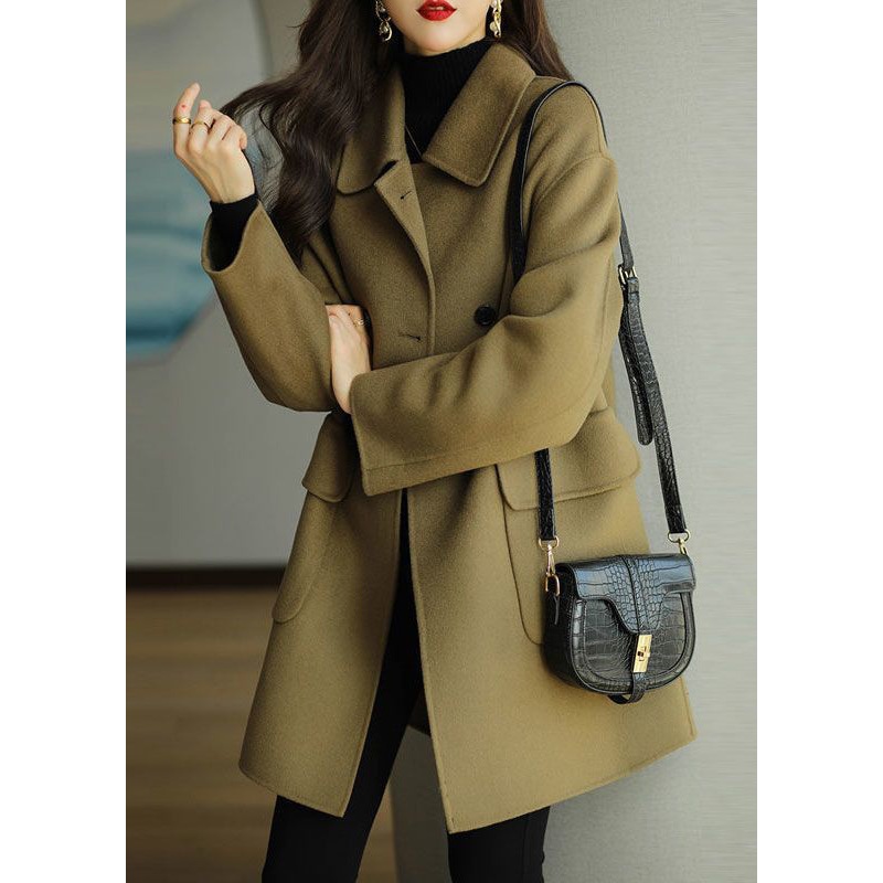 Women Green Peter Pan Collar Button Pockets Woolen Coat Winter