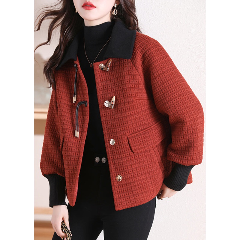 Women Orange Peter Pan Collar Pockets Cotton Coat Winter