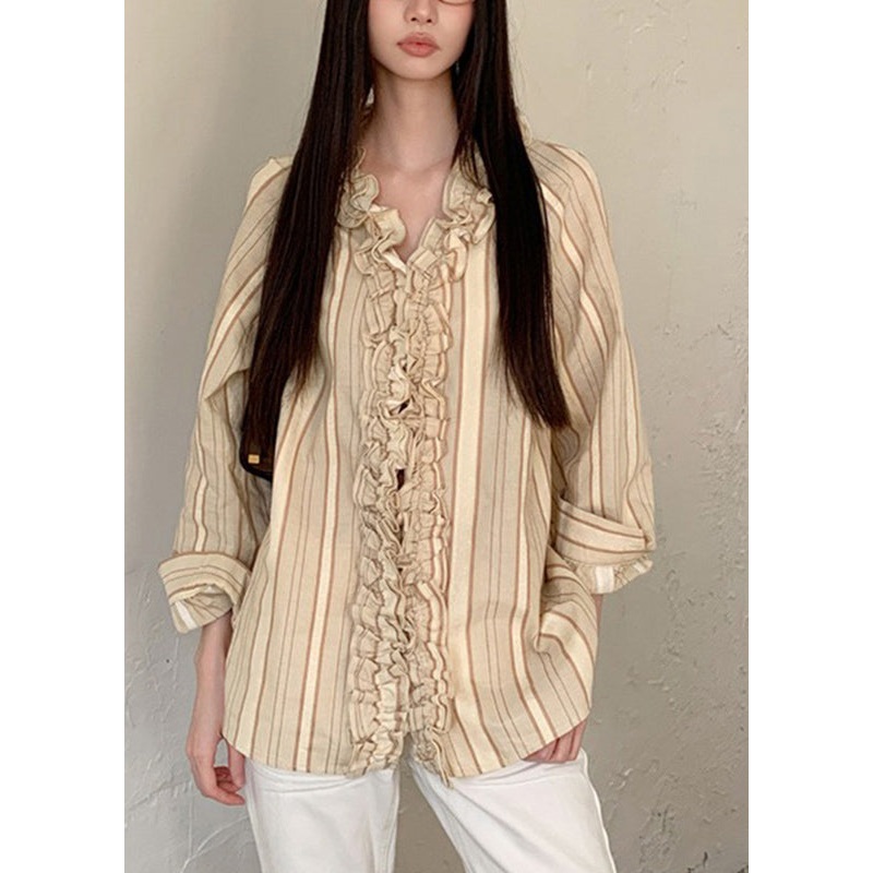 Art Beige V Neck Ruffled Striped Patchwork Shirts Spring