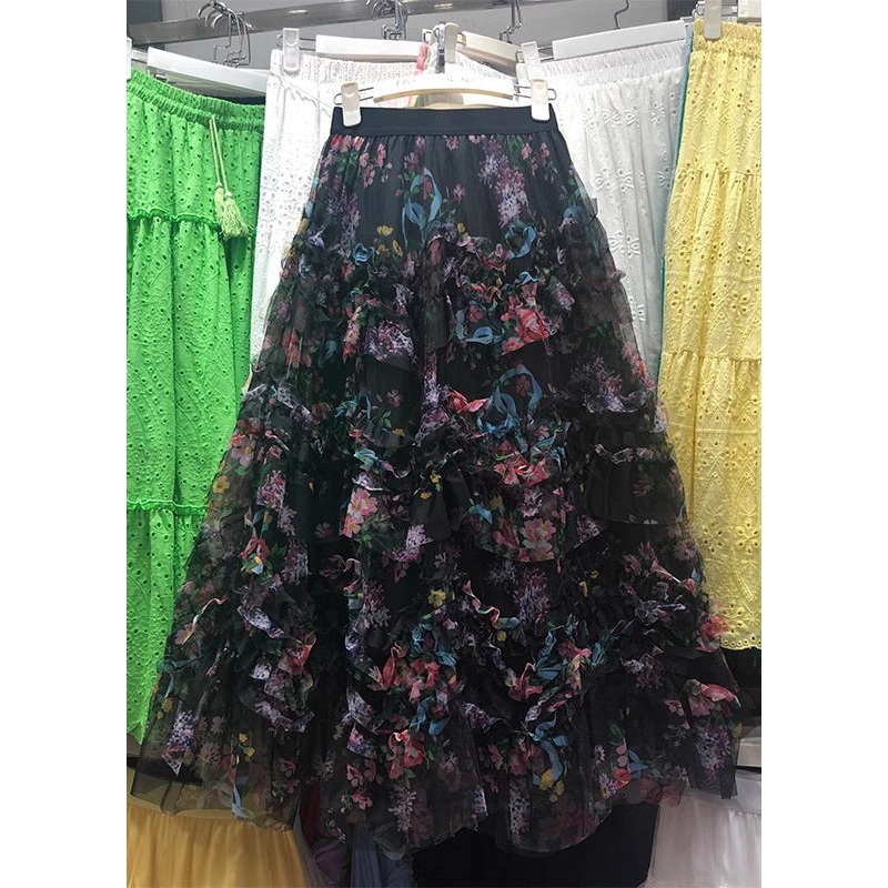 Art Black Print Elastic Waists Tulle A Line Skirt Spring