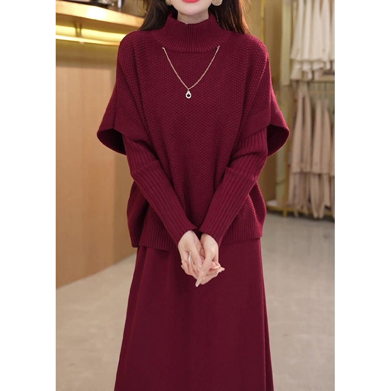 Art Mulberry Turtleneck Cotton Knit Top And Wide Leg Pants Two Piece Set Winter