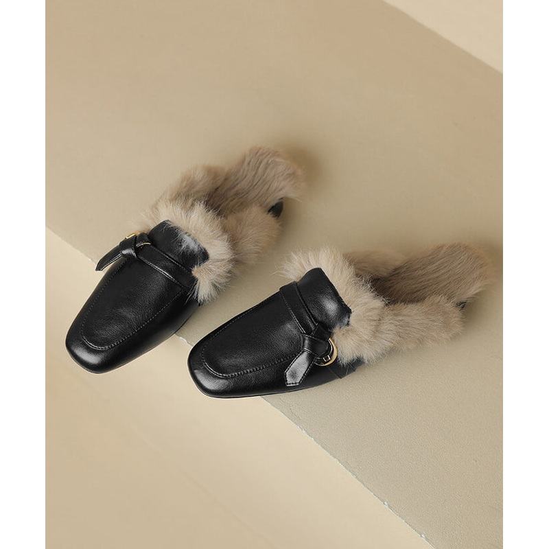 Black Cowhide Leather Comfy Fuzzy Wool Lined Slide Sandals