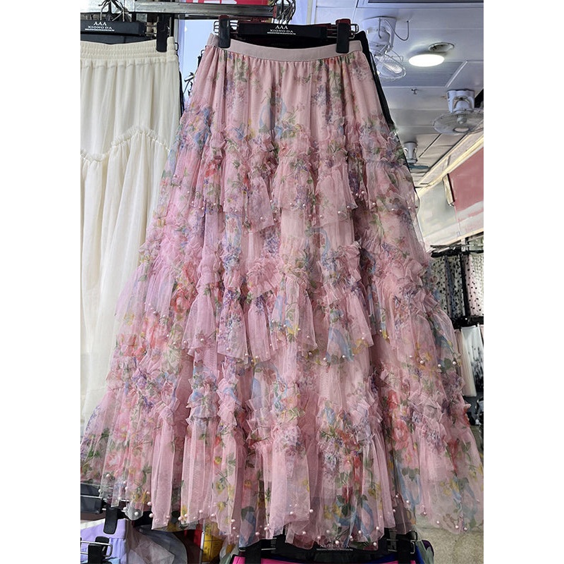 Bohemian Pink Asymmetrical Print Nail Bead Tulle A Line Skirt Spring