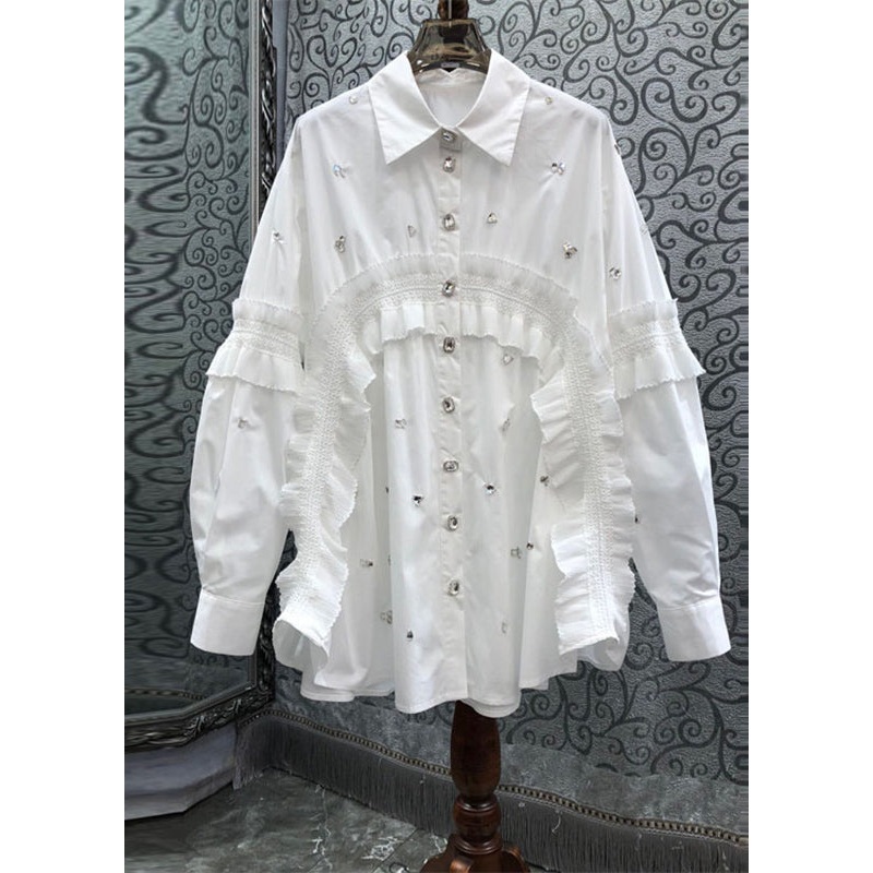 Brief White Peter Pan Collar Ruffled Patchwork Nail Bead Shirts Spring