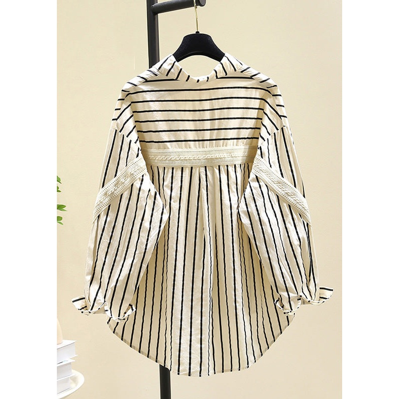Casual Black Peter Pan Collar Striped Cotton Blouse Top Spring