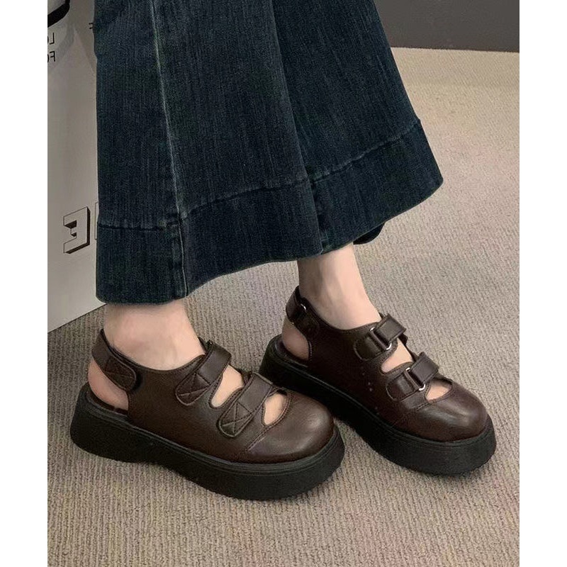 Casual Brown Faux Leather Sandals Splicing Hollow Out Sandals