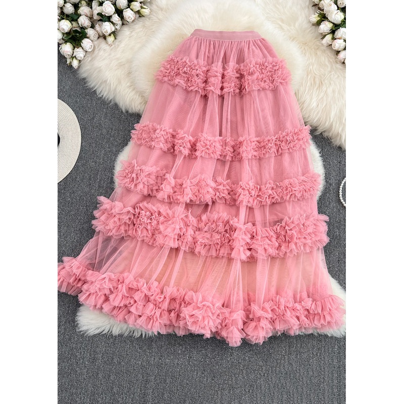 Cute Pink Ruffled Patchwork Tulle Cake Skirt Spring