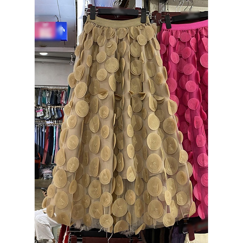 Elegant Khaki Floral Tulle Maxi Skirt Spring