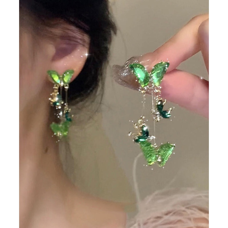 2025 New Green Copper Alloy Butterfly Tassel Drop Earrings