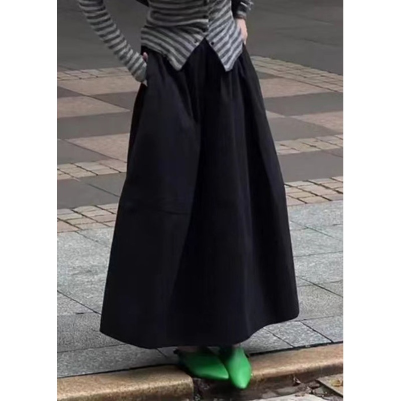 Art Black Pockets Elastic Waist Solid Cotton Skirt Fall