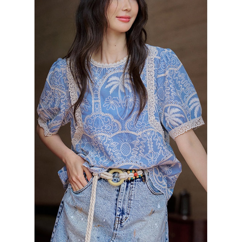 Art Blue Embroidered Lace Hollow Out Cotton Blouses Summer