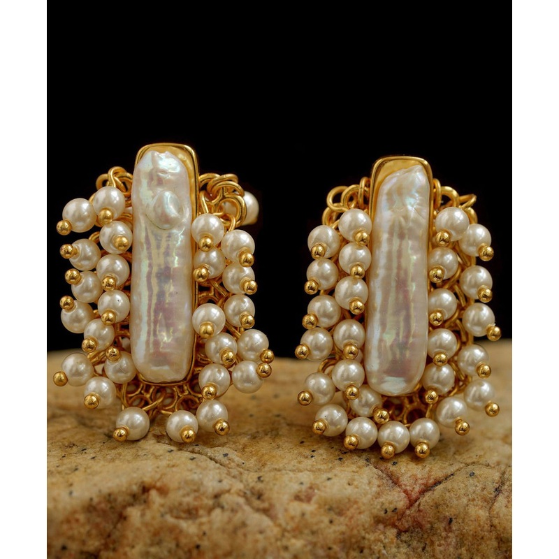 Art Gold Copper Overgild Pearl Stud Earrings