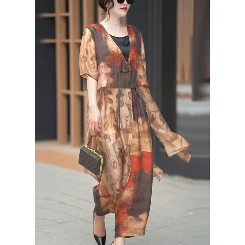 Art Khaki Button Print Tops And Crop Pants Silk Two Piece Suit Summer