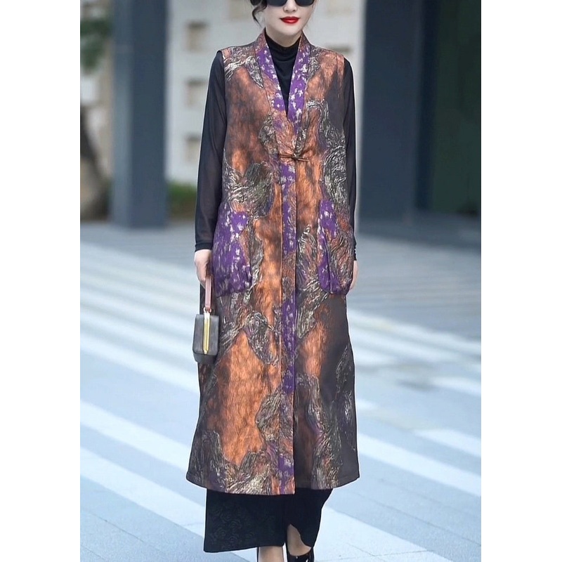Art Orange V Neck Button Pockets Silk Waistcoat Sleeveless