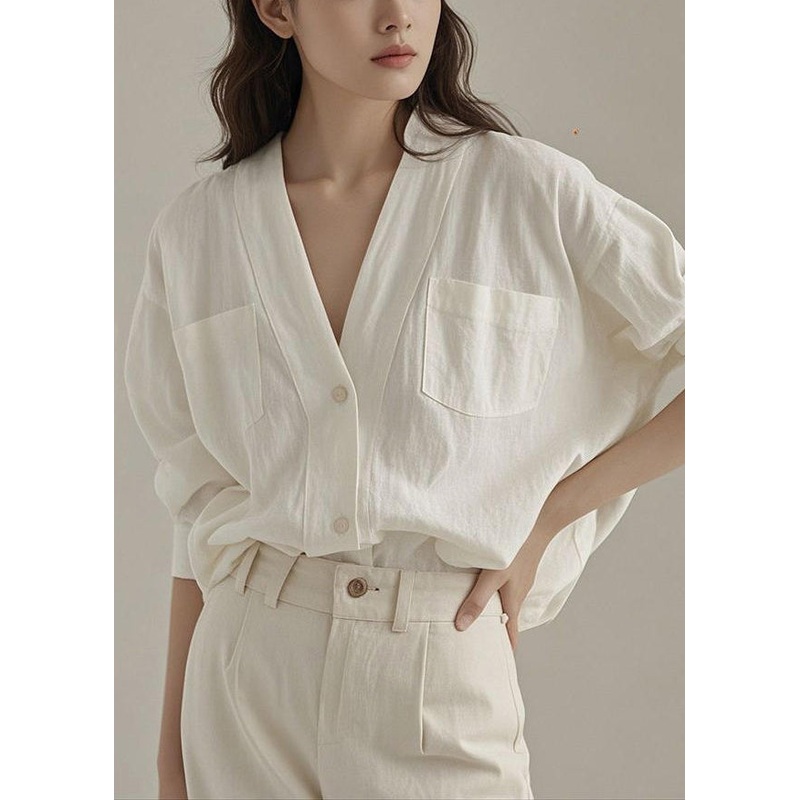 Art White V Neck Button Pockets Linen Shirt Fall