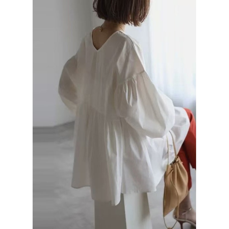 Art White Wear On Both Sides Cotton Shirt Top Lantern Sleeve