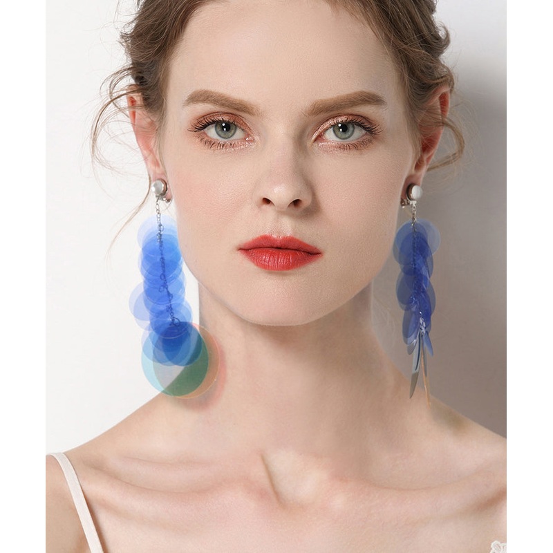 Beautiful Blue Stainless Steel Round Sequin Tassel Drop Earrings