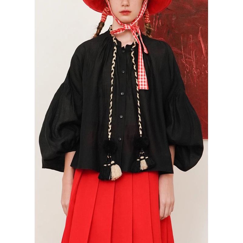 Black Tasseled Cotton Shirts Button Lantern Sleeve