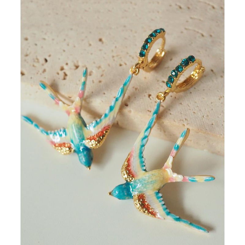 Bohemian Rainbow Copper Alloy Enamel Gem Stone Swallow Drop Earrings
