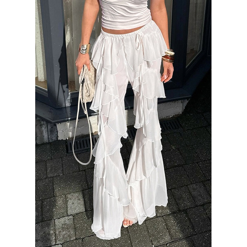 Bohemian White Ruffles Tulle Bell-bottom Trousers Summer