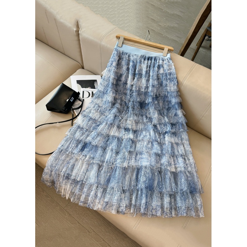 Chic Blue Tie Dye Layered Tulle Skirt Summer