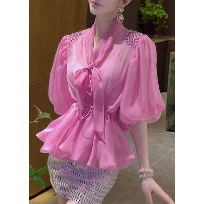 Chic Pink Bow Drawstring Tulle Shirt Puff Sleeve