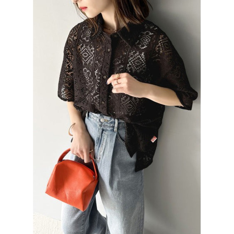 Classy Black Oversized Hollow Out Lace Shirts Summer
