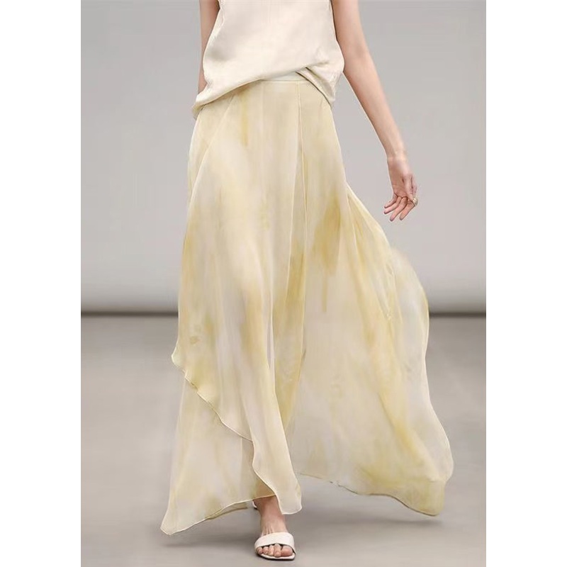 Elegant Yellow Print High Waist Chiffon Maxi Skirts Summer