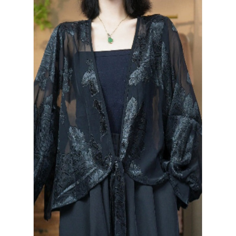 French Black V Neck Embroidered Lace Up Silk Cardigan Fall