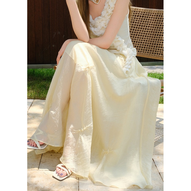 Original Design Yellow Nail Bead Elastic Waist Cotton Skirts Summer