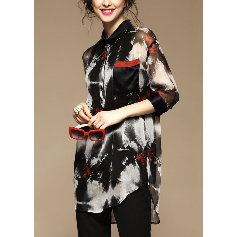 Stylish Peter Pan Collar Print Pockets Blouse Bracelet Sleeve
