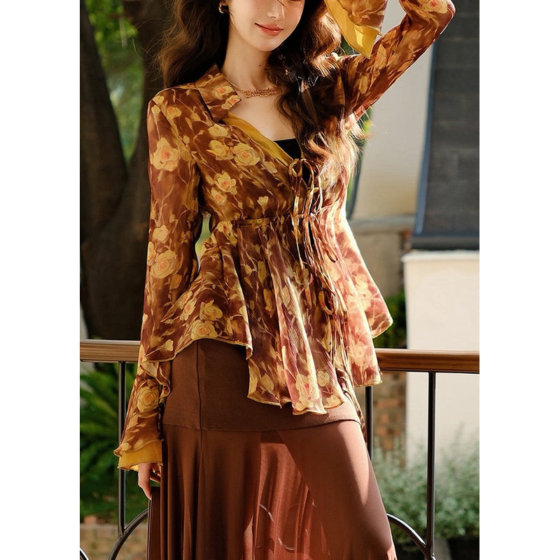 Stylish Print Lace Up Chiffon Shirts Flare Sleeve