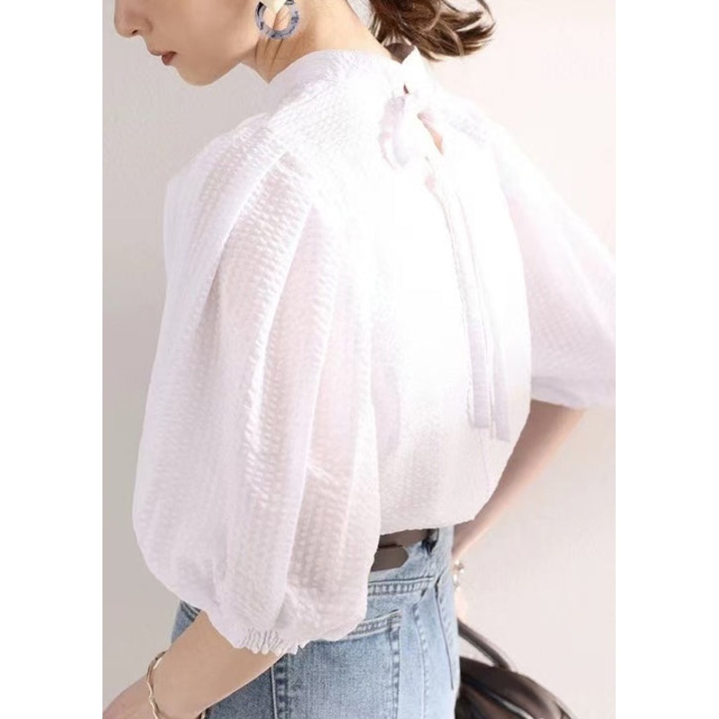 Stylish White Puff Sleeve Jacquard Cotton Blouses