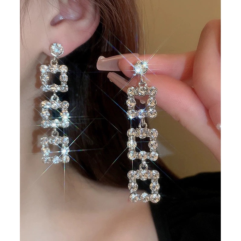 Unique Silk Copper Zircon Square Chain Drop Earrings