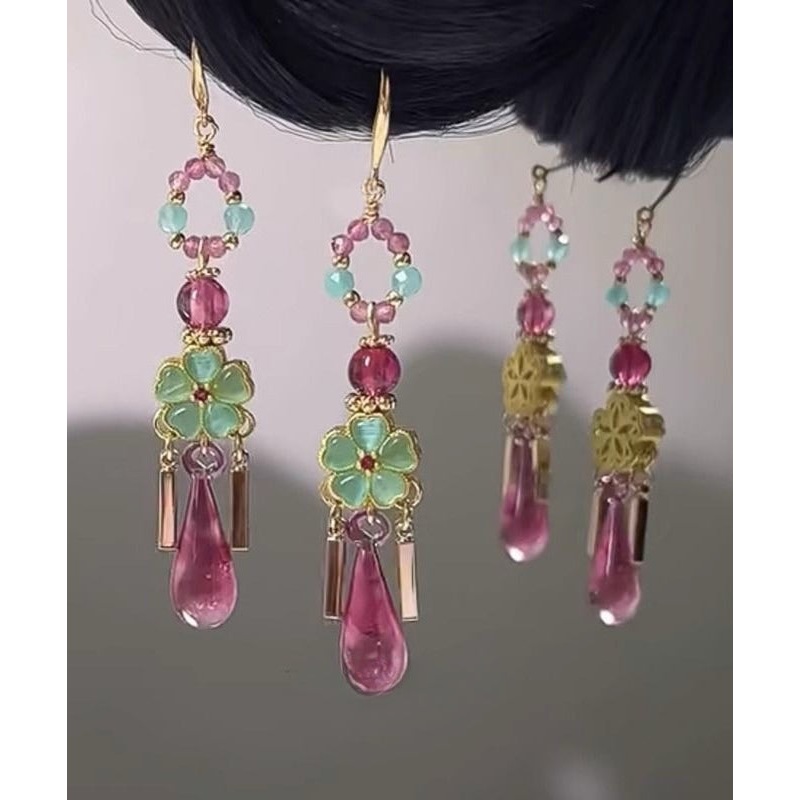 Vintage Colorblock Copper Floral Water Drop Tassel Drop Earrings