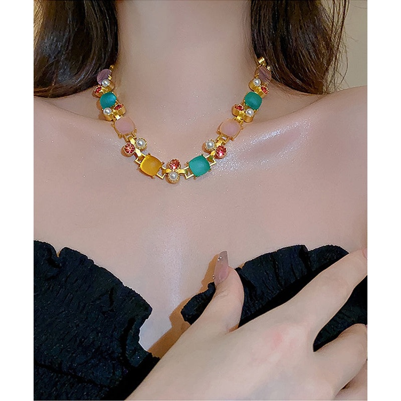 Vogue Rainbow Copper Zircon Pearl Square Princess Necklace
