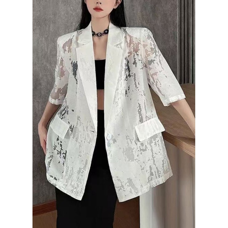White Hollow Out Button Cotton Coat Notched Half Sleeve
