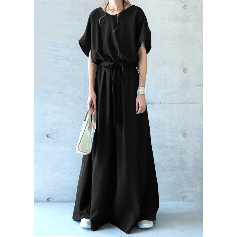 Women Black Tie Waist Exra Large Hem Cotton Dresses Summer