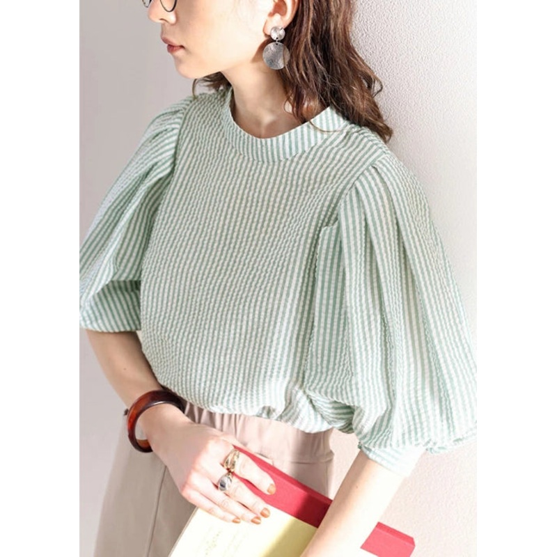 Women Green Puff Sleeve Striped Cotton Blouses