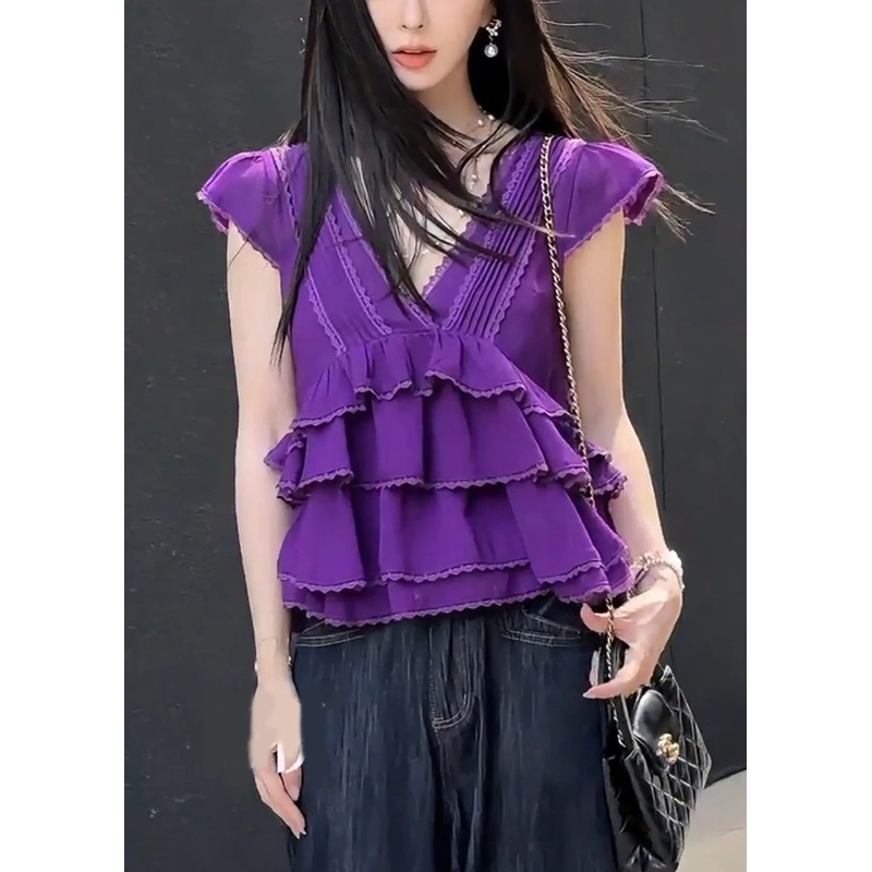 Women Purple V Neck Lace Layered Cotton T Shirt Summer