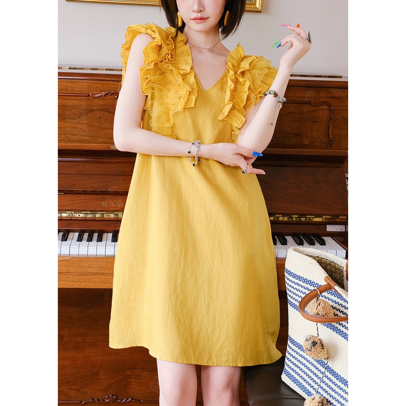 Women Yellow V Neck Ruffled Tulle Patchwork Mid Dress Sleeveless