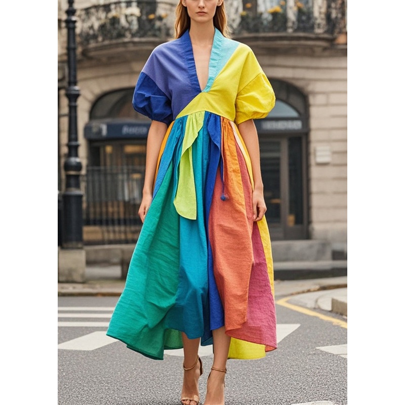 Art Colorblock Asymmetrical Patchwork Cotton Maxi Dresses Puff Sleeve