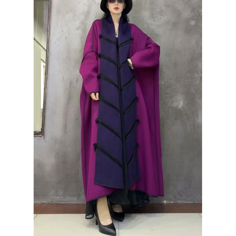 Art Purple Chinese Button Patchwork Woolen Long Coat Winter